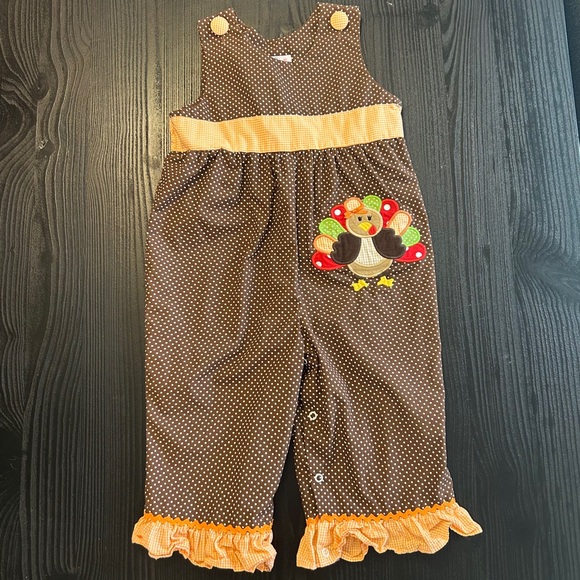 Other - EUC Stellybelly Brown Polka Dot Overall romper with Turkey appliqué 2t